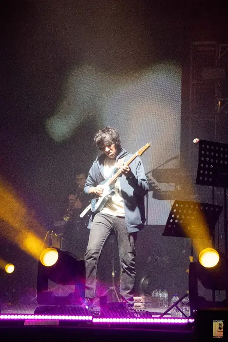 Guitarist performing on stage under purple and yellow lights
